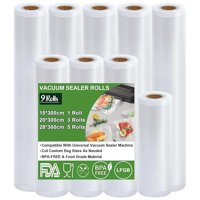 Rollos de envasado al vacío Omtofo en tres anchos, nueve rollos en total