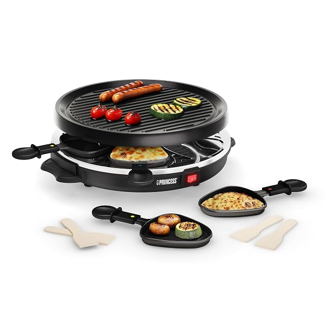 Raclette Princess con placa redonda de piedra de 30 cm y seis sartenes